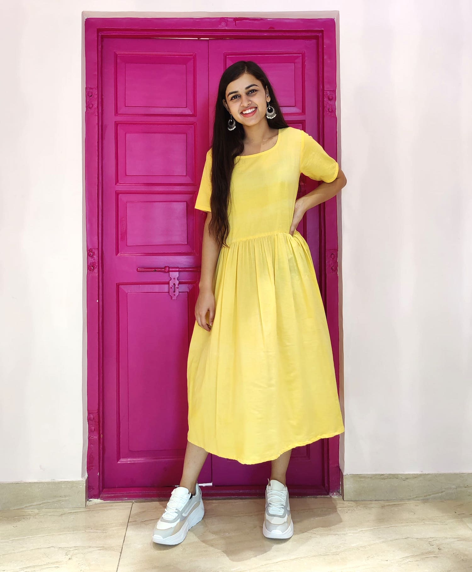 Casual Soft Cotton Dress in Yellow for Summer - Belles Couture LLP